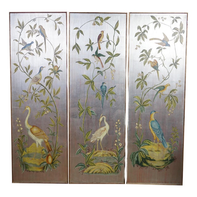 3 Chinoiserie Gold Silver Metallic Tropical Bird Crane Leaf Vine Hanging Panels 63" For Sale