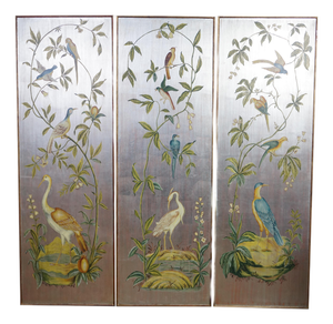 3 Chinoiserie Gold Silver Metallic Tropical Bird Crane Leaf Vine Hanging Panels 63"