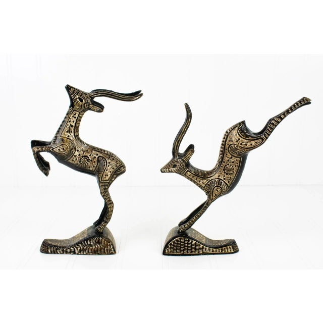 Mid-Century Hand-Engraved Black Enamel & Brass Gazelles – a Pair For Sale - Image 13 of 13