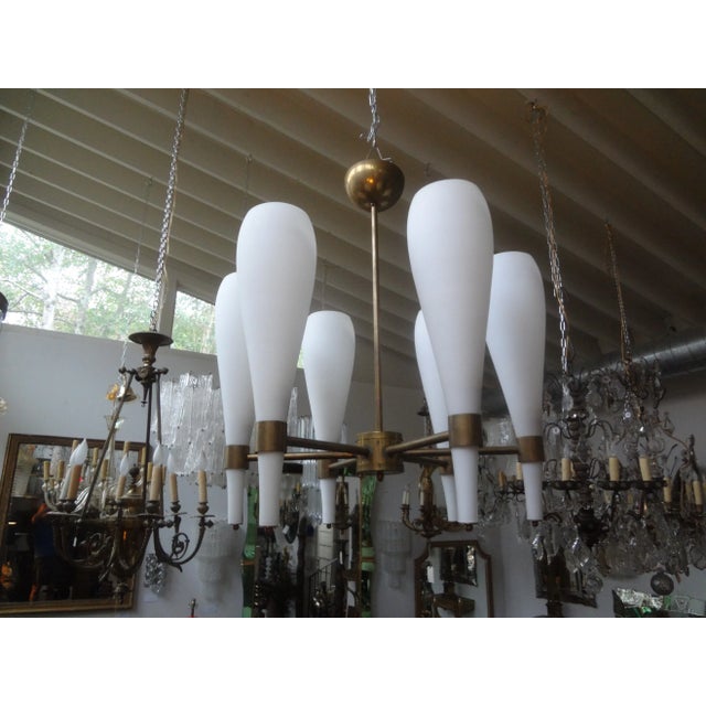 Italian Brass and Glass Modernist Chandelier-Fontana Arte Style For Sale - Image 10 of 11