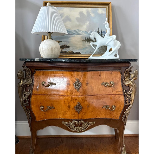 1960s French Louis XV Style Marble Top Bombe Commode With Figural Ormolu Mounts For Sale - Image 12 of 12