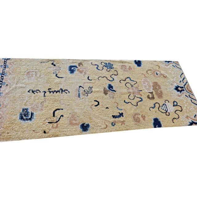 1920s Yellow Field Geometric Antique Chinese Ningxia Knotted Wool Rug For Sale - Image 4 of 7