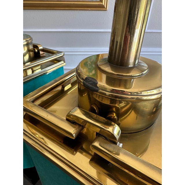 Pair of Stiffel Mid-Century Turquoise Jade Lamps W/ Antique Brass Hardware & Milk Glass Shades, Designed by Edwin Cole, Provenance the Broadmoor Hotel For Sale - Image 6 of 7