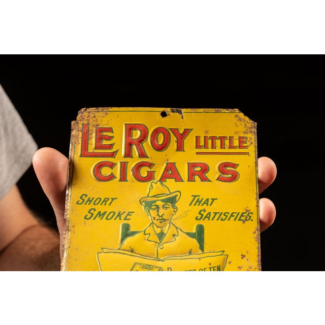 Antique Leroy Little Cigars Embossed Tin Sign For Sale - Image 4 of 5