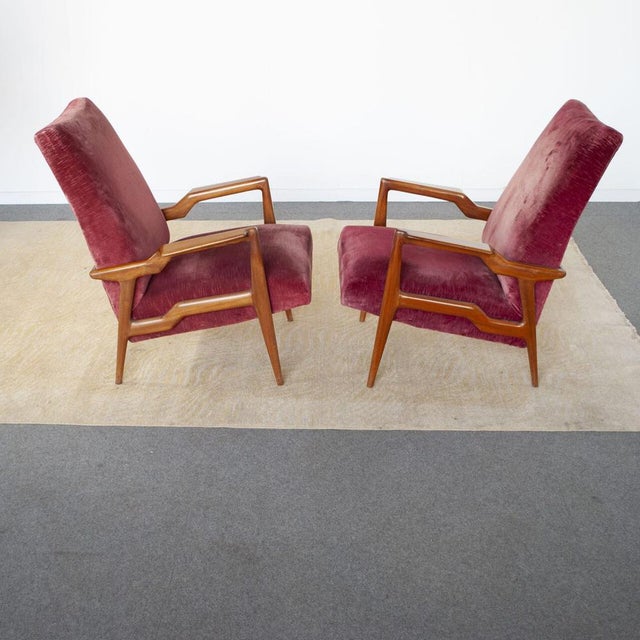 Wood Armchairs in Curved Wood with Burgundy Velvet Upholstery by Osvaldo Borsani, 1960s, Set of 3 For Sale - Image 7 of 9