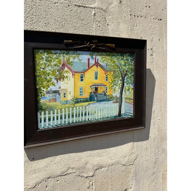 Yellow Vintage Boho Primitive Landscape Oil on Board For Sale - Image 8 of 10