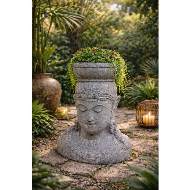 Stone Vintage Stone Garden Dewi Sri Bust Planter For Sale - Image 7 of 7
