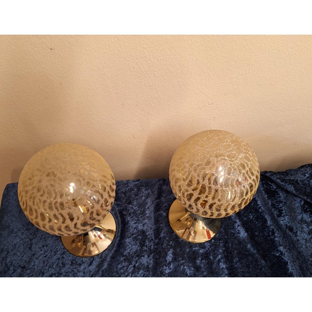 Vintage Bedside Lamps with Gold-Colored Plastic Base and Round Tinted, Patterned Glass Shade, 1970s, Set of 2 For Sale - Image 6 of 7