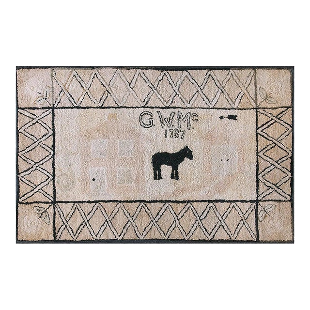 1930s Tan Ecru Pictorial American Hooked Rug 2'9" X 4'5" Handknotted Wool Carpet For Sale