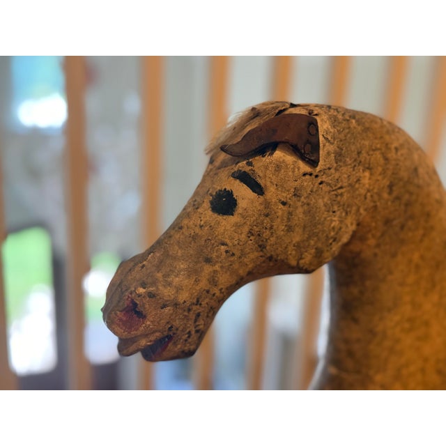 Wood Antique Hand-Carved Wooden Rocking Horse With Original Painted Finish For Sale - Image 7 of 8