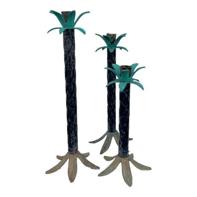 Vintage Graduating Palm Tree Candle Stick Holders - a Set of 3 For Sale