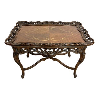 c.1920's-30's French Louis XV Style Walnut Tea Table With Removable Glass Serving Tray Top For Sale
