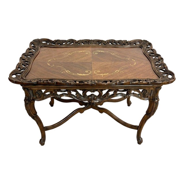 c.1920's-30's French Louis XV Style Walnut Tea Table With Removable Glass Serving Tray Top For Sale