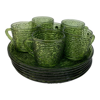 Vintage 1960s Mid-Century Modern Anchor Hocking "Soreno" Avocado Green Snack Set - 12 pcs For Sale