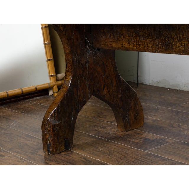 Italian Italian 1800s Walnut Farm Table with Carved Legs, Stretcher and Weathered Patina For Sale - Image 3 of 12