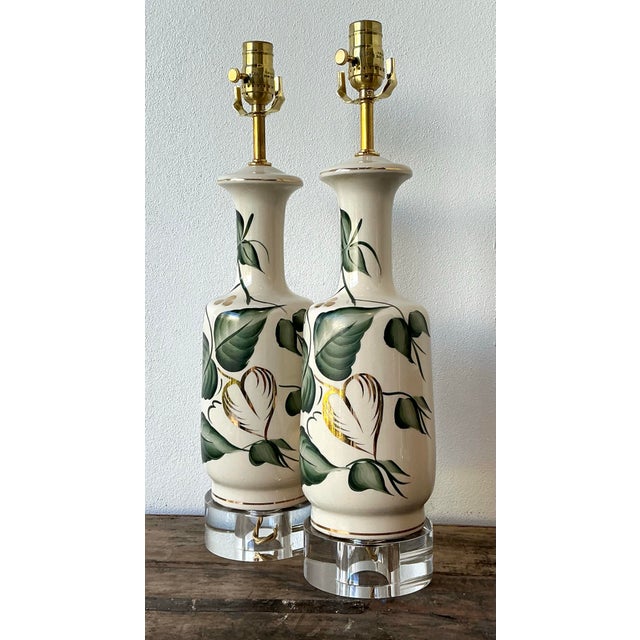 Vintage Glazed Ceramic Ivy Lamps - A Pair For Sale - Image 9 of 12