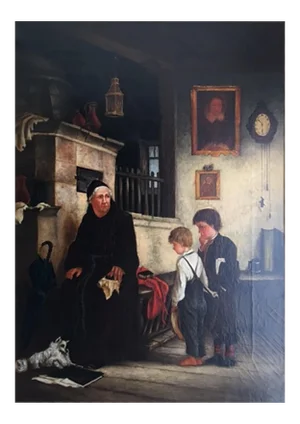 French 19th Century Oil Painting of Man, Children and Dog in Detailed Rectory, Framed