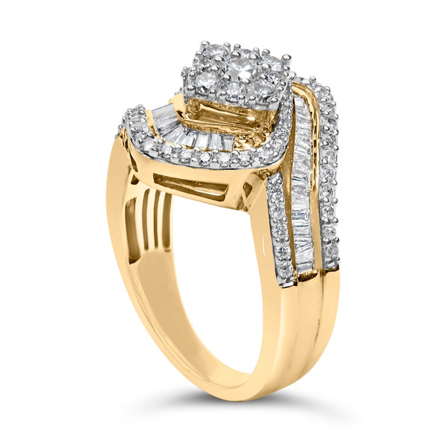 Haus of Brilliance 14K Yellow Gold 1.0 Cttw Baguette & Brilliant-Cut Diamond Round Floral Cluster Engagement Ring with Swirl Wrapped Triple Row Band - Size 6-3/4 For Sale - Image 4 of 7