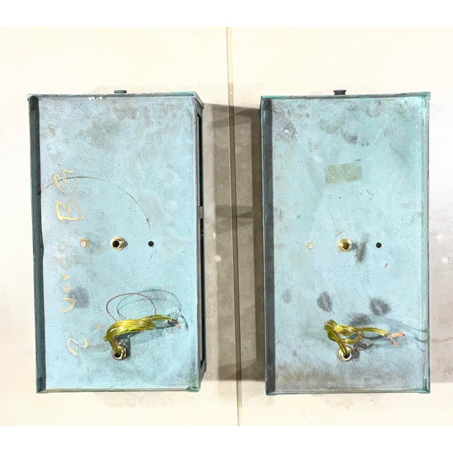Exquisite Vintage Verdigris Brass Wall Lanterns / Sconces – Pair For Sale - Image 14 of 17