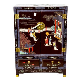 Vintage Chinoiserie Lacquer Bar Cabinet / Accent Armoire W/ Hand-Painted Chinese Court Scene & Brass Hardware For Sale