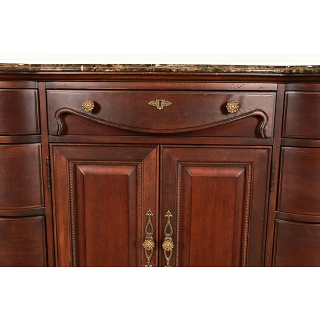 Wood Thomasville French Louis Philippe Carved Mahogany Marble Top Triple Dresser or Credenza For Sale - Image 7 of 14
