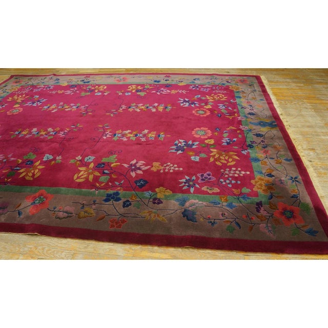 1920s Ruby Red Floral Vase Antique Chinese Art Deco Carpet 9' X 11'9" Knotted Wool Rug For Sale - Image 11 of 12