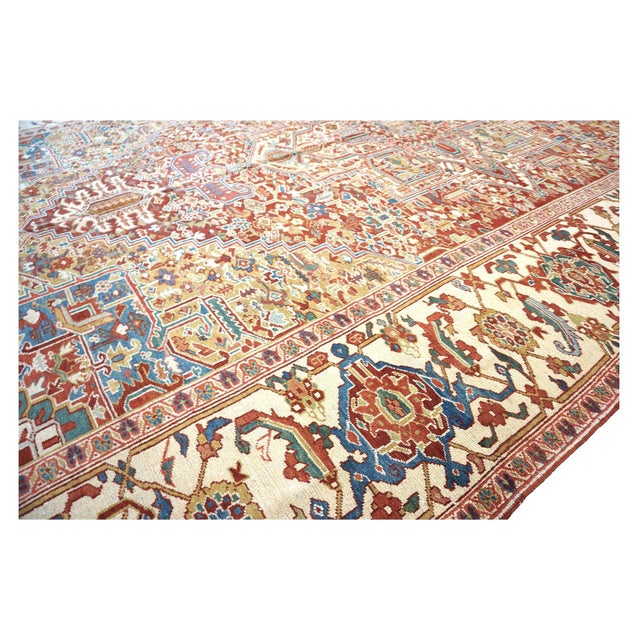 Antique Persian Heriz Wool 11X19 Rust, Ivory & Blue Handmade Area Rug #1140939 For Sale - Image 16 of 17