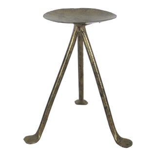 Tall Gilded Gold Metal Large Pillar Candle Holder, Mid Century Modern Wide Tripod Candle, Staging, Decor, Dining Table For Sale