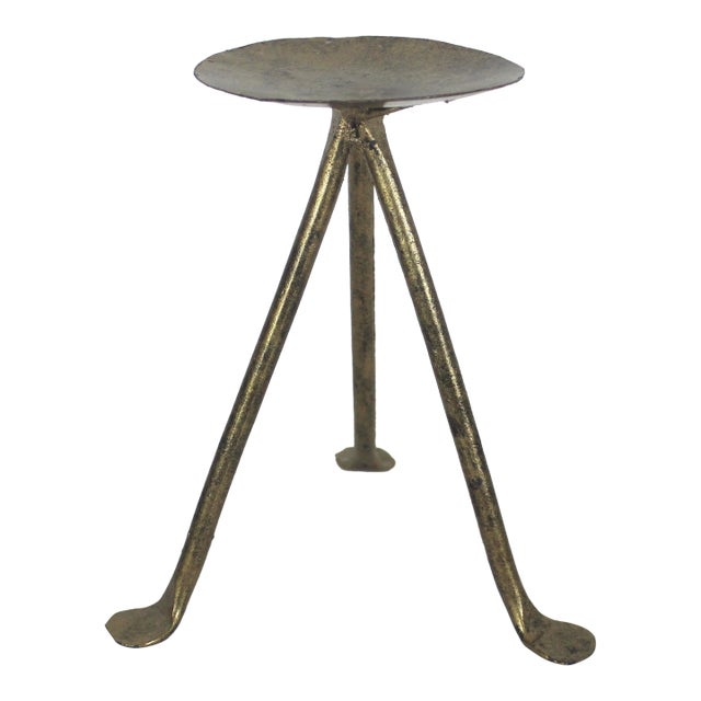 Tall Gilded Gold Metal Large Pillar Candle Holder, Mid Century Modern Wide Tripod Candle, Staging, Decor, Dining Table For Sale