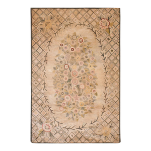 1930s Tan Ecru Floral Folk Art Antique American Hooked Rug 5' 9" X 8' 9" Hand Knotted Wool Carpet