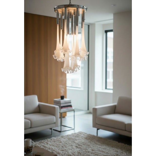 Midcentury Italian Murano Flushmount Chandelier Murano Glass Features 4 E14 lights Chrome frame Handblown Murano Glass...