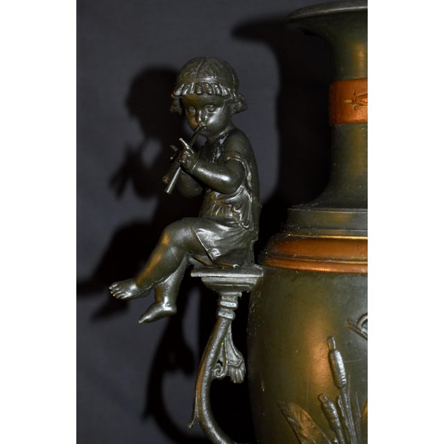 Vintage Mixed Metal Vase French Style Urn With Figural Cherubs and Cranes For Sale - Image 9 of 17