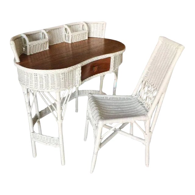 1950s Restored Shabby Chic Wicker & Rattan Secretary Desk With Chair Set For Sale