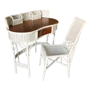 1950s Restored Shabby Chic Wicker & Rattan Secretary Desk With Chair Set
