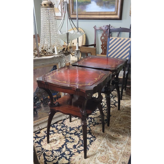 Ruby Red Pair 1940s Red Leather Top Side Table For Sale - Image 8 of 13