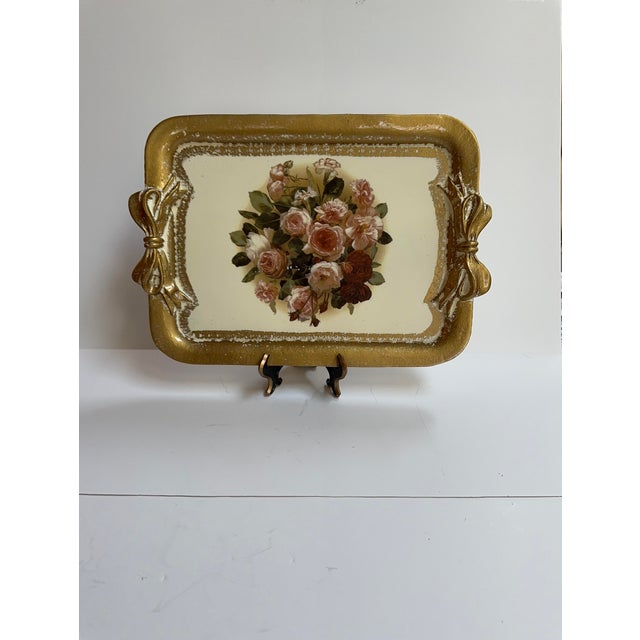 Art Deco Tirinnanzi Italy Hand Painted Floral Gold Trim Bow Handles Serving Tray For Sale - Image 3 of 15