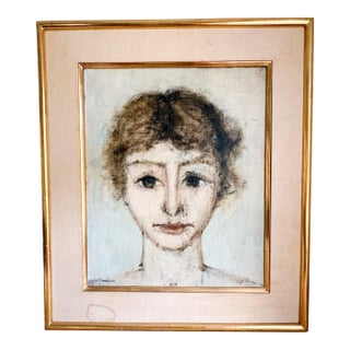 1960s French Artist Michel Thompson Weathered Portrait of a Young Woman French Oil Painting For Sale