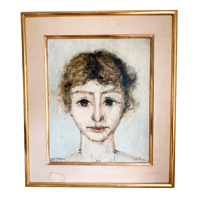 1960s French Artist Michel Thompson Weathered Portrait of a Young Woman French Oil Painting For Sale