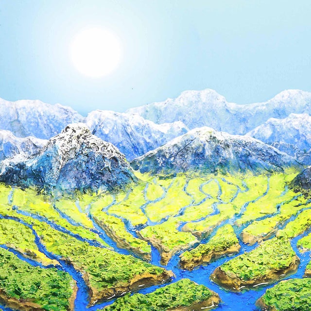 Contemporary River Delta and Mountains by Stephen Dorsett | Photograph of a Miniature Landscape Made From Styrofoam Packaging, Acrylic, and Mouthwash For Sale - Image 3 of 3