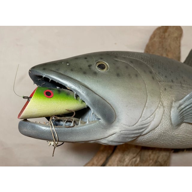 Vintage Handmade Eg Carved Wood Silver Wall Fish Mount Trophy Sculpture For Sale - Image 15 of 16