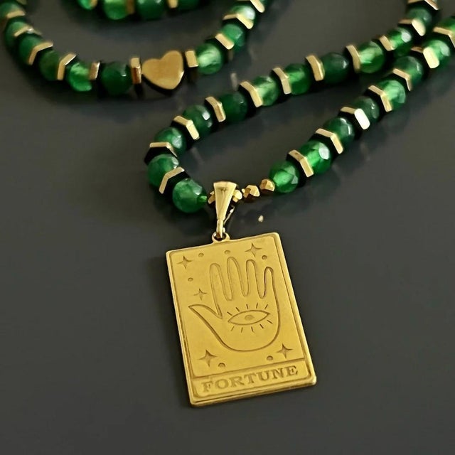 Silver Tarot Good Fortune Gold Pendant Green Beaded Necklace For Sale - Image 8 of 11