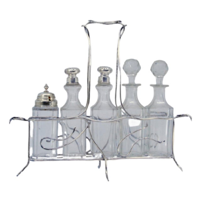 Silver Cruet with Salt and Pepper Shakers, Mustard Jar and Lid Holder, Set of 6 For Sale