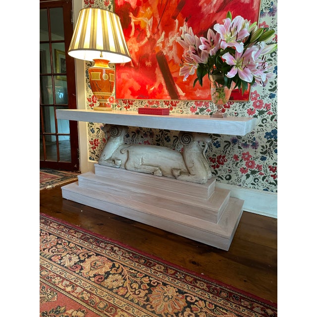 Tan 1930’ks Style Three Tier Pickled Oak Ram Console Table With Goats For Sale - Image 8 of 10