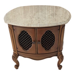 Vintage French Provincial Drum Table With Metal Mesh Cabinet Doors. Made in Italy For Sale