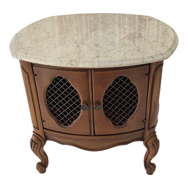 Vintage French Provincial Drum Table With Metal Mesh Cabinet Doors. Made in Italy For Sale