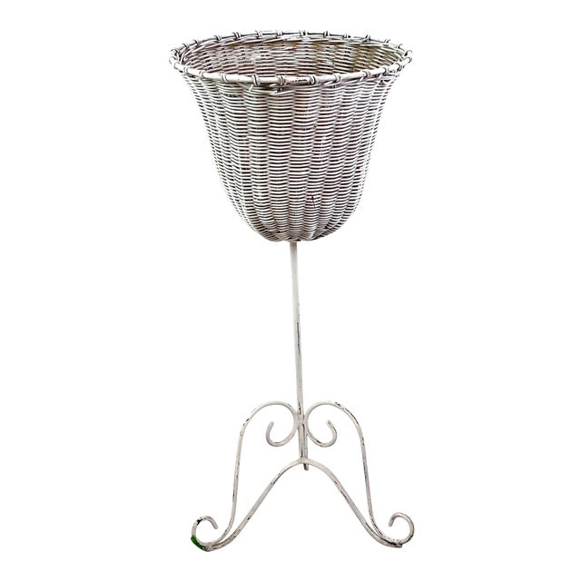 Whitewashed Wicker Plant Basket With Wrought Iron Base Chairish