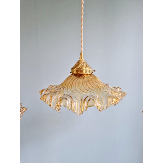 Mid-Century Modern Amber-Colored Pleated Glass Pendant Lights, 1930s, Set of 3 For Sale - Image 3 of 18
