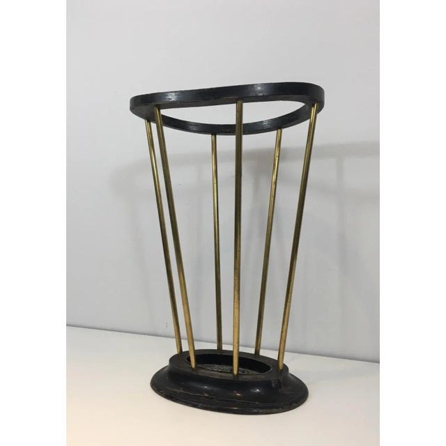 Attributed to Jacques Adnet, Ebonized Wood and Brass Umbrella Stand For Sale - Image 12 of 13