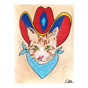 Cowboy Cat - Whimsical Colorful Figurative Western Animal Painting on Paper Original Artwork by Jesse Black