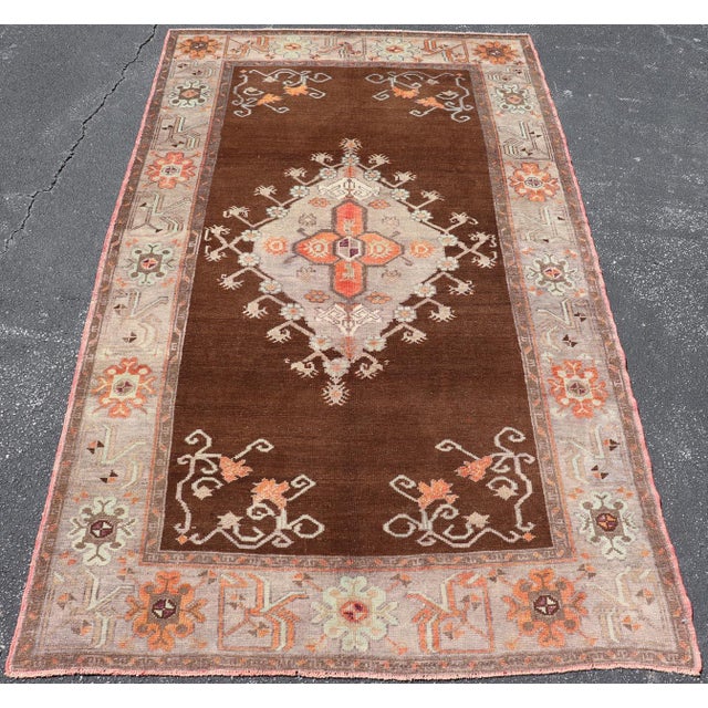 Textile Vintage Latch Hook Design Turkish Oushak Rug in Chocolate Brown, Taupe, Gray and Burnt Orange For Sale - Image 7 of 13